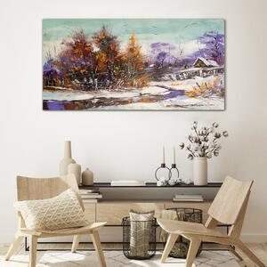 Obraz na skle Obraz na skle Zimní sníh stromy Hut řeka
