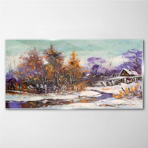 Obraz na skle Obraz na skle Zimní sníh stromy Hut řeka