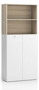 Kancelářská policová skříň 2-dveřová SEGMENT, uzamykatelná, 4 police, 840 x 370 x 1880 mm, bílá / dub přírodní