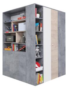 Rohová šatní skříň SIGMA SI1 Beton + bílá lux + dub