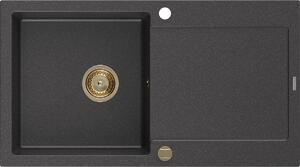 Mexen Leo, dřez granitový 900x500x190 mm, 1-komorový, černá skvrnitá se zlatým sifonem, 6501901010-76-G