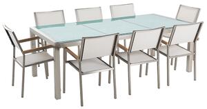 Sada zahradního nábytku stůl se skleněnou deskou 220 x 100 cm 8 bílých židlí GROSSETO