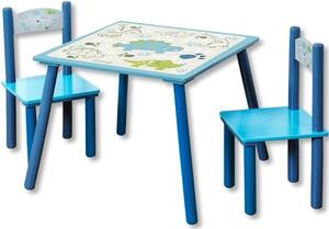 Dětský stůl se 2 židlemi ze dřeva, nábytek pro chlapce v modré barvě s motivem dinosaura