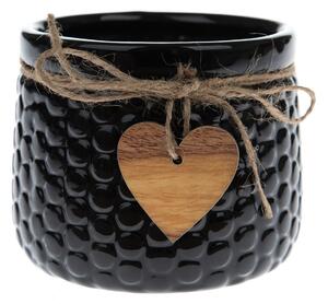 Keramický obal na květináč Wood heart černá, 9,5 x 12,5 cm