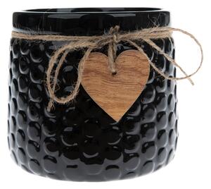Keramický obal na květináč Wood heart černá, 14 x 12,5 cm