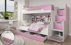 Dětská patrová postel s rozšířeným spodním lůžkem a šuplíkem HARRY bílo-růžová - 200x90/120 cm