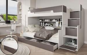 Dětská patrová postel s rozšířeným spodním lůžkem a šuplíkem HARRY bílo-šedá - 200x90/120 cm