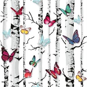 Papírové tapety na zeď Freestyle E71810, břízy s barevnými motýlky, rozměr 10,05 m x 0,53 m, Ugépa