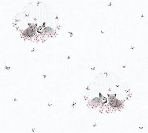Dětské vliesové tapety na zeď Little Stars 35564-2, rozměr 10,05 m x 0,53 m, zajíček a koťátko na bílém podkladu, A.S.Création