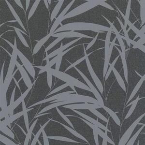 Vliesové tapety na zeď Ella 6753-20, bambusové listy šedé na černé textilní struktuře, rozměr 10,05 m x 0,53 m, Novamur 82052