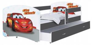 Dětská postel LUKI se šuplíkem ŠEDA 160x80cm vzor Závodní auto