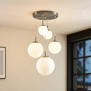 Lindby Závěsné svítidlo Heleska, bílé, sklo, 5 světel, Ø 50 cm, stmívatelný, Hliník / šedá / zinek, Obývací pokoj / jídelna, kov, Moderní