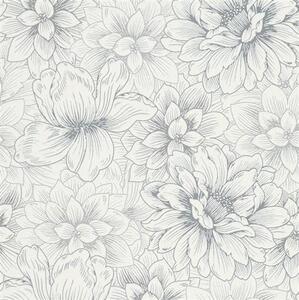 Vliesové tapety na zeď Natural Living 5425-10, rozměr 10,05 m x 0,53 m, bílé květy se stříbrnými detaily, Erismann