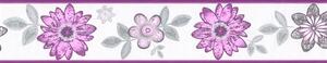 Samolepící bordura D58-019-2, rozměr 5 m x 5,8 cm, květy s lístky fialovo-šedé, IMPOL TRADE