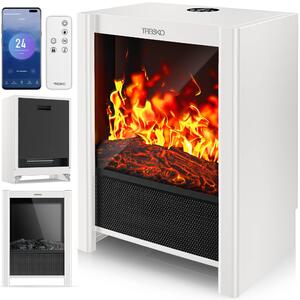 Elektrické topidlo ve tvaru krbu – 2000 W, bílý kovový rám, LED efekt plamene, dekorativní krb