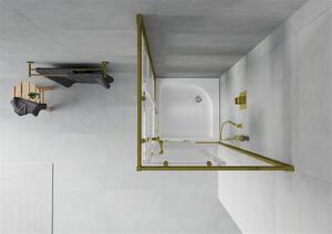 Mexen Rio, čtvercový sprchový kout s posuvnými dveřmi 70 (dveře) x 70 (dveře) x 190 cm, 5mm čiré sklo s pásky, zlatý profil + bílá sprchová vanička RIO, 860-070-070-50-20-4510