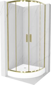 Mexen Rio, čtvrtkruhový sprchový kout s posuvnými dveřmi 80 (dveře) x 80 (dveře) x 190 cm, 5mm čiré sklo, zlatý profil + bílá sprchová vanička RIO,…