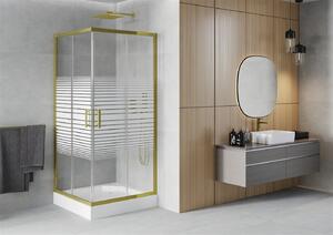 Mexen Rio, čtvercový sprchový kout s posuvnými dveřmi 90 (dveře) x 90 (dveře) x 190 cm, 5mm čiré sklo s pásky, zlatý profil + bílá sprchová vanička RIO, 860-090-090-50-20-4510