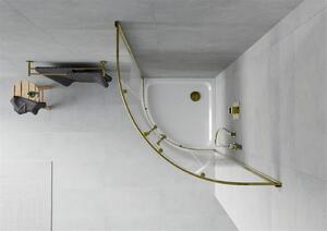 Mexen Rio, čtvrtkruhový sprchový kout 90(dveře)x90(dveře)x190 cm, 5mm čiré sklo s pásky, zlatý profil + bílá sprchová vanička SLIM, 863-090-090-50-20-4110G