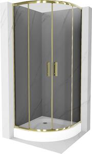 Mexen Rio, čtvrtkruhový sprchový kout s posuvnými dveřmi 80 (dveře) x 80 (dveře) x 190 cm, 5mm šedé sklo, zlatý profil + bílá sprchová vanička RIO, 863-080-080-50-0-4710