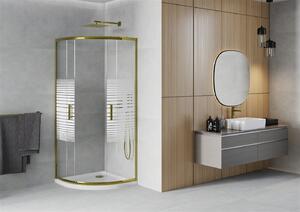 Mexen Rio, čtvrtkruhový sprchový kout 90(dveře)x90(dveře)x190 cm, 5mm čiré sklo s pásky, zlatý profil + bílá sprchová vanička SLIM, 863-090-090-50-20-4110G