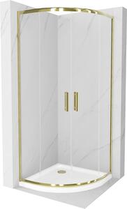 Mexen Rio, čtvrtkruhový sprchový kout s posuvnými dveřmi 80 (dveře) x 80 (dveře) x 190 cm, 5mm čiré sklo, zlatý profil + bílá sprchová vanička SLIM,…