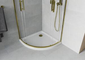 Mexen Rio, čtvrtkruhový sprchový kout s posuvnými dveřmi 90 (dveře) x 90 (dveře) x 190 cm, 5mm čiré sklo, zlatý profil + bílá sprchová vanička SLIM, 863-090-090-50-00-4110G