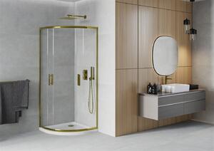 Mexen Rio, čtvrtkruhový sprchový kout s posuvnými dveřmi 90 (dveře) x 90 (dveře) x 190 cm, 5mm čiré sklo, zlatý profil + bílá sprchová vanička SLIM, 863-090-090-50-00-4110G
