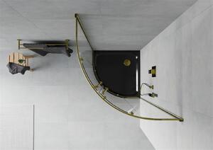 Mexen Rio, čtvrtkruhový sprchový kout s posuvnými dveřmi 90 (dveře) x 90 (dveře) x 190 cm, 5mm čiré sklo, zlatý profil + černá sprchová vanička SLIM, 863-090-090-50-00-4170G