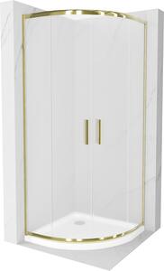 Mexen Rio, čtvrtkruhový sprchový kout s posuvnými dveřmi 80 (dveře) x 80 (dveře) x 190 cm, 5mm sklo námraza, zlatý profil + bílá sprchová vanička SLIM, 863-080-080-50-30-4110G