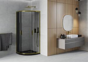 Mexen Rio, čtvrtkruhový sprchový kout s posuvnými dveřmi 80 (dveře) x 80 (dveře) x 190 cm, 5mm šedé sklo, zlatý profil + černá sprchová vanička SLIM, 863-080-080-50-40-4170G