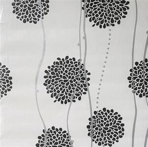 Samolepící fólie 45 cm x 10 m IMPOL TRADE T61 květy černé se stříbrnými vlnovkami samolepící tapety
