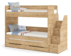 Patrová postel s přistýlkou, úložným prostorem a schůdky Cody Modular - dub světlý