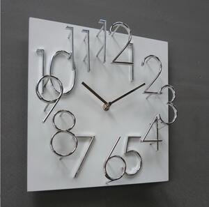 Hranaté desginové hodiny JVD HB24.5 s kovovými číslicemi POSLEDNÍ KS V DOMAŽLICÍCH 3KS (bílé 3D hodiny s vystouplými stříbrnými číslicemi)
