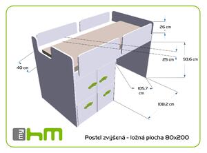 MYHM postel patrová zvýšená 80x200, dveře vpravo, odkládací police CW15P