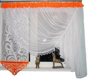 Hotová voálová záclona Rosana s panelem ze žakárového materiálu paví oka zdobená krajkou 400x150cm různé barvy Barva: Oranžová