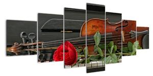 Obraz housle a růže na klavíru (210x100cm)