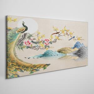 Obraz na plátně Obraz na plátně Abstrakce hory páv květiny