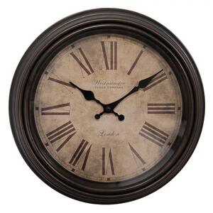 Hnědé nástěnné hodiny s patinou a nápisem Westminster Clock Company – 29x5 cm