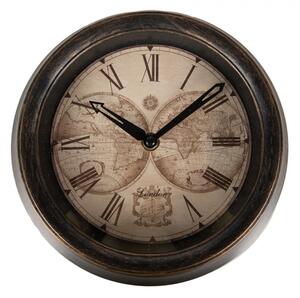 Hnědé nástěnné hodiny s mapou světa ve vintage stylu– 23x5 cm