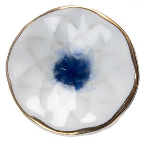 Bílo-modrá keramická úchytka se zlatým proužkem a kytičkou – 4 cm