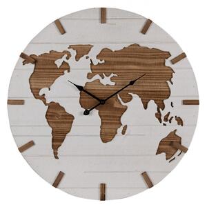 Bílo-hnědé nástěnné hodiny s mapou světa – 60 cm