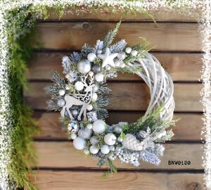 Vánoční věnec na dveře jelen stříbrno-bílé dekorace průměr 30cm bílý