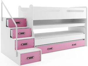 Dětská patrová postel Max 1 - 3 osoby – bílá - růžová, 80x200 s přistýlkou