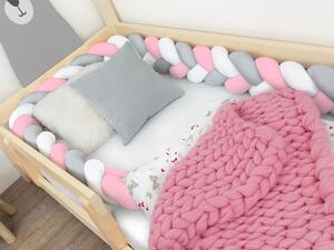 Chránič na dětskou postel pletený do copu JERSEY - bílo-šedo-růžový