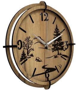 Moderní nástěnné hodiny s motivem lesa a hor | SENTOP HDF0600-GOLD-OAK