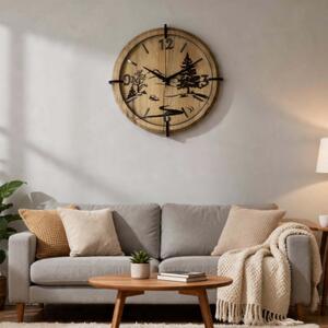 Moderní nástěnné hodiny s motivem lesa a hor | SENTOP HDF0600-GOLD-OAK
