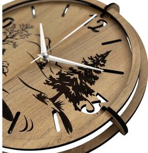 Moderní nástěnné hodiny s motivem lesa a hor | SENTOP HDF0600-GOLD-OAK