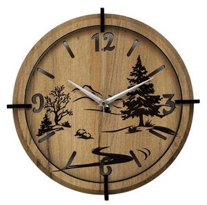 Moderní nástěnné hodiny s motivem lesa a hor | SENTOP HDF0600-GOLD-OAK