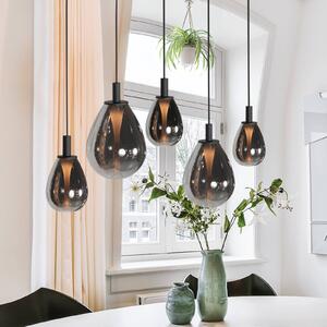 Mexlite LED závěsné světlo Glimsy, 115 cm černé/kouřově šedé sklo, 5-fl., stmívatelný, Hliník / šedá / zinek, Obývací pokoj / jídelna, Sklo